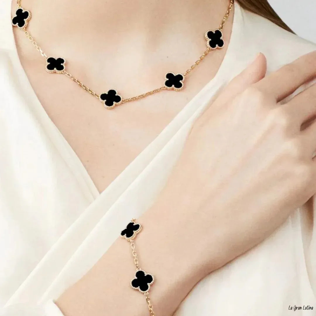 Set Trébol Bañado en Oro 18K – Pulsera y Collar, Buena Suerte y Elegancia