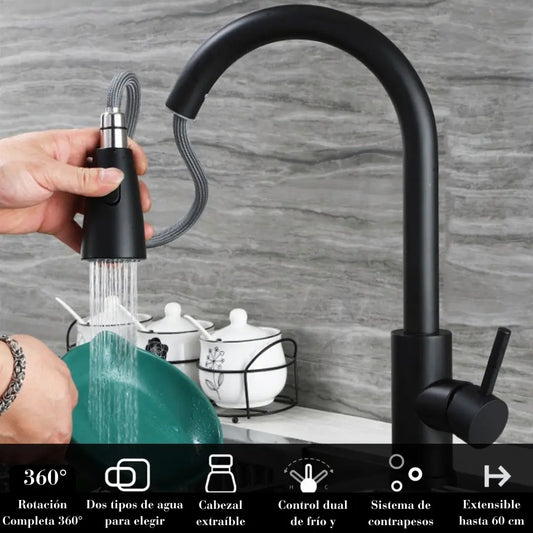 Griferia lavaplatos monocontrol extensible Negro Mate  para cocina dos modos con cabezal desplegable