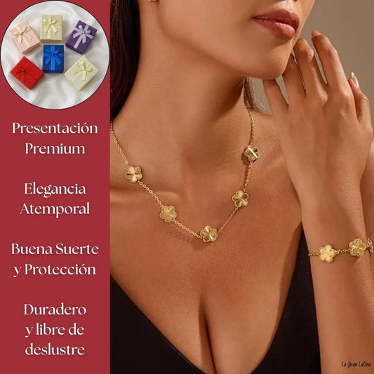 Set Trébol Bañado en Oro 18K – Pulsera y Collar, Buena Suerte y Elegancia